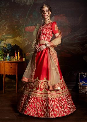 Red Embroidered Satin Party Wear Semi Stitched Lehenga