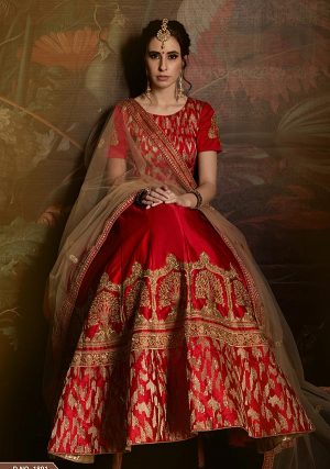 Red Embroidered Satin Party Wear Semi Stitched Lehenga