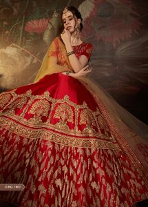 Red Embroidered Satin Party Wear Semi Stitched Lehenga
