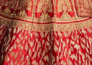 Red Embroidered Satin Party Wear Semi Stitched Lehenga