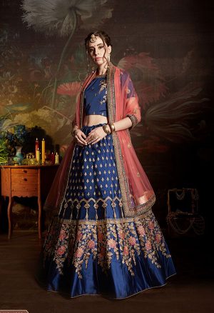 Blue Embroidered Satin Party Wear Semi Stitched Lehenga