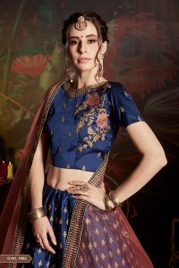 Blue Embroidered Satin Party Wear Semi Stitched Lehenga