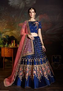 Blue Embroidered Satin Party Wear Semi Stitched Lehenga
