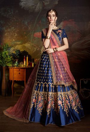 Blue Embroidered Satin Party Wear Semi Stitched Lehenga