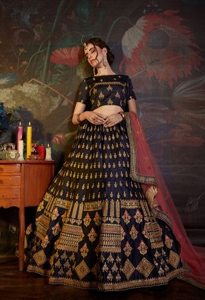 Navy Blue Embroidered Satin Party Wear Semi Stitched Lehenga