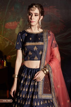 Navy Blue Embroidered Satin Party Wear Semi Stitched Lehenga