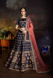 Navy Blue Embroidered Satin Party Wear Semi Stitched Lehenga