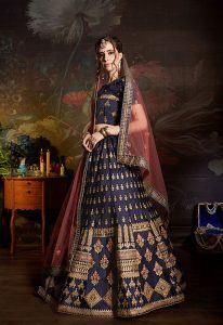 Navy Blue Embroidered Satin Party Wear Semi Stitched Lehenga