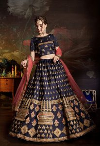 Navy Blue Embroidered Satin Party Wear Semi Stitched Lehenga