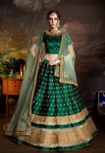 Green Embroidered Satin Party Wear Semi Stitched Lehenga