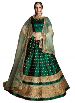 Green Embroidered Satin Party Wear Semi Stitched Lehenga