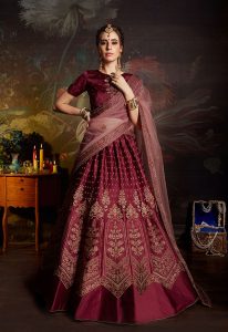 Barn Red Embroidered Satin Party Wear Semi Stitched Lehenga