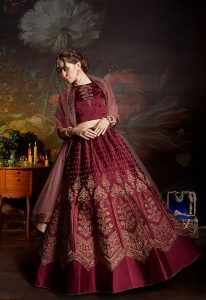 Barn Red Embroidered Satin Party Wear Semi Stitched Lehenga