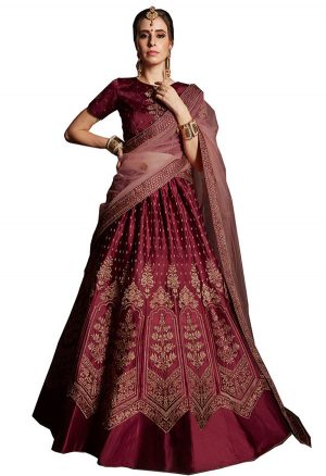 Barn Red Embroidered Satin Party Wear Semi Stitched Lehenga