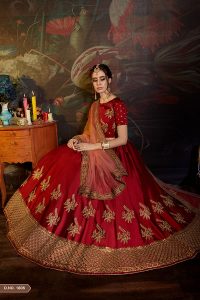 Maroon Embroidered Satin Party Wear Semi Stitched Lehenga