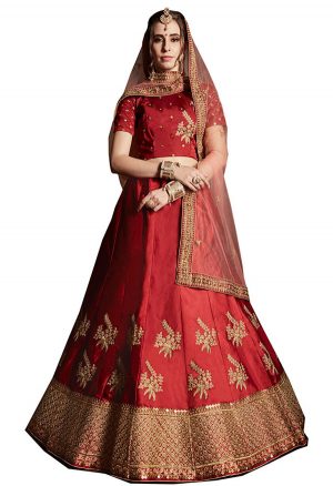 Maroon Embroidered Satin Party Wear Semi Stitched Lehenga