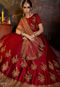 Maroon Embroidered Satin Party Wear Semi Stitched Lehenga