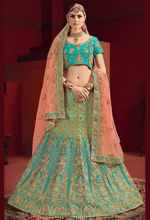 Blue, Sea Green Embroidered Satin Party Wear Semi Stitched Lehenga