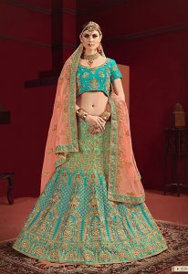 Blue, Sea Green Embroidered Satin Party Wear Semi Stitched Lehenga