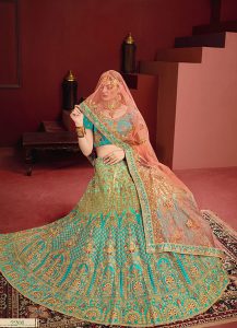 Blue, Sea Green Embroidered Satin Party Wear Semi Stitched Lehenga