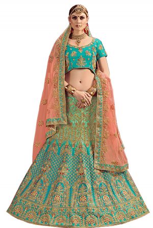 Blue, Sea Green Embroidered Satin Party Wear Semi Stitched Lehenga