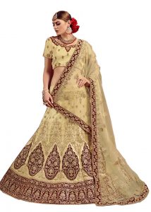 Beige, Maroon Embroidered Satin Party Wear Semi Stitched Lehenga