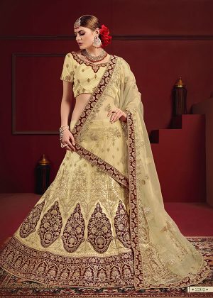 Beige, Maroon Embroidered Satin Party Wear Semi Stitched Lehenga