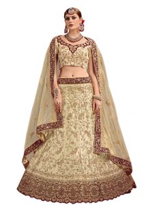 Beige, Maroon Embroidered Satin Party Wear Semi Stitched Lehenga