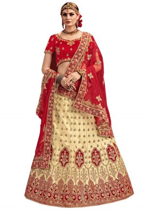 Beige, Red Embroidered Satin Party Wear Semi Stitched Lehenga