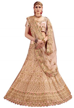 Baby Pink Embroidered Satin Party Wear Semi Stitched Lehenga