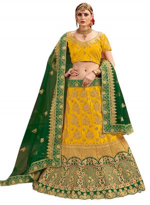 Yellow, Green Embroidered Satin Party Wear Semi Stitched Lehenga