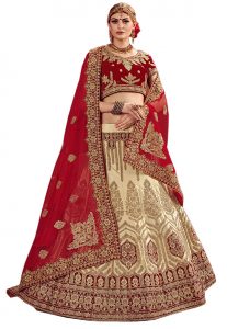 Beige, Red Embroidered Satin Party Wear Semi Stitched Lehenga