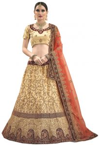 Beige Zari Work & Stone Satin Party Wear Semi Stitched Lehenga