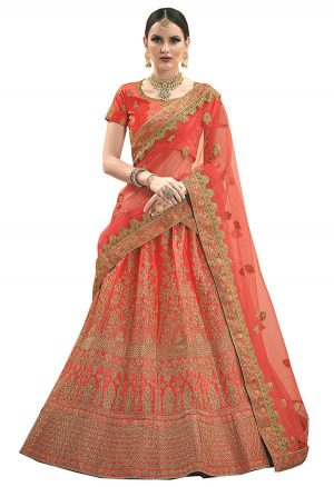 Red Zari Work & Stone Satin Party Wear Semi Stitched Lehenga