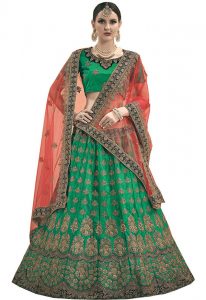 Green Zari Work & Stone Satin Party Wear Semi Stitched Lehenga