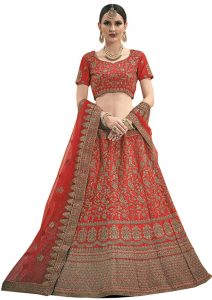 Coral Red Zari Work & Stone Satin Party Wear Semi Stitched Lehenga