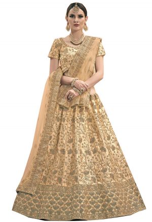 Beige Zari Work & Stone Satin Party Wear Semi Stitched Lehenga