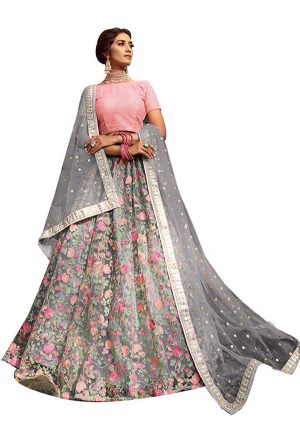 Grey Embroidered Soft Net Wedding & Party Wear Semi Stitched Lehenga