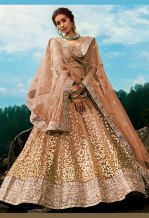 Brown Embroidered Soft Net Wedding & Party Wear Semi Stitched Lehenga