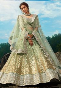 Green Embroidered Soft Net Wedding & Party Wear Semi Stitched Lehenga