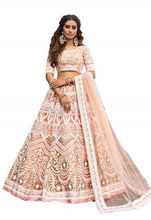 Peach Embroidered Soft Net Wedding & Party Wear Semi Stitched Lehenga