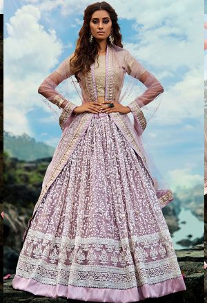 Lilac Embroidered Soft Net Wedding & Party Wear Semi Stitched Lehenga