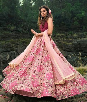 Light-Pink Embroidered Soft Net Wedding & Party Wear Semi Stitched Lehenga