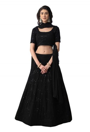 Black Embroidered Georgette Wedding & Party Wear Semi Stitched Lehenga