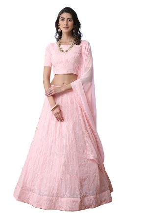 Baby Pink Embroidered Georgette Wedding & Party Wear Semi Stitched Lehenga