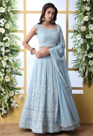 Sky Blue Embroidered Georgette Wedding & Party Wear Semi Stitched Lehenga