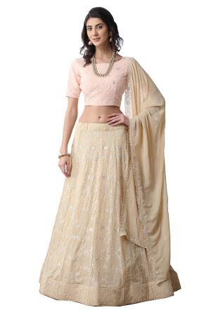Beige Embroidered Georgette Wedding & Party Wear Semi Stitched Lehenga