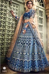 Blue Zari Work Velvet Wedding & Party Wear Semi Stitched Lehenga