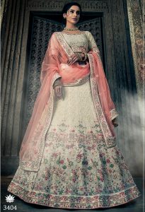 Off White Thread Work Georgette Wedding & Party Wear Semi Stitched Lehenga