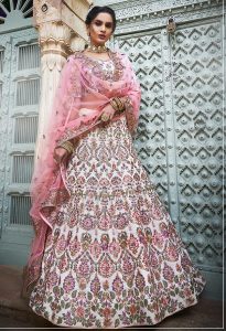 Off White Embroidered Georgette Wedding & Party Wear Semi Stitched Lehenga